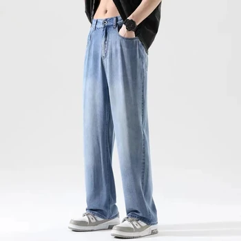 Мужские джинсы из 100% ткани Lyocell, повседневные брюки, мужские мягкие висячие Тонкие Свободные прямые брюки, бренд с эластичной талией, Корея