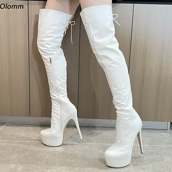 Olomm/ Новые женские зимние ботфорты выше колена на платформе с боковой молнией, на шпильке, с круглым носком, белые вечерние туфли, Плюс размер США 5-20