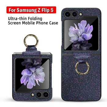 Красочный Блестящий Кожаный Чехол Funda для Samsung Galaxy Z Flip 5 Case С Кольцом на Палец и Маленьким Экраном, Стеклянная Крышка для Samsung Z Flip5 Capa