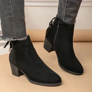 Новые осенне-зимние женские туфли-лодочки, высококачественная европейская женская обувь на шнуровке, сапоги на высоком каблуке из искусственной кожи, Быстрая доставка