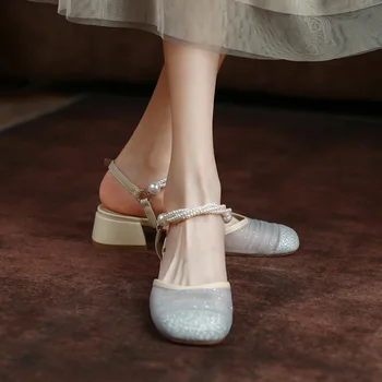 Элегантная женская обувь на высоком каблуке 2023, летние босоножки с блестками и жемчугом, сетчатые босоножки на изящном каблуке, универсальные туфли на одной подошве