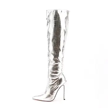 Женские ботинки с острым носком, модная клипса на сексуальном тонком каблуке до середины икры, легкий металлический узор с камнями, Элегантные женские ботинки