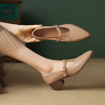 Женская обувь Phoentin на среднем каблуке, женские туфли-лодочки из натуральной кожи с Т-образным ремешком, Элегантная женская обувь с острым носком, FT2712