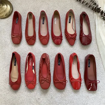 Высококачественная красная свадебная обувь для подружек невесты, модная легкая обувь, весенне-осенняя женская обувь, Красные свадебные туфли на плоской подошве, женские туфли
