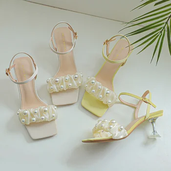 Летние Прозрачные женские босоножки 2023 года, роскошные шелковые босоножки на высоком каблуке, расшитые бисером, Женские Элегантные свадебные туфли принцессы