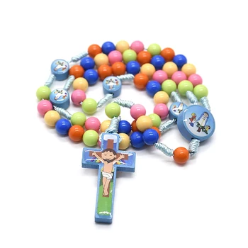 Мультяшное ожерелье с подвеской в виде креста, детские четки, пластиковые бусины, католические религиозные украшения