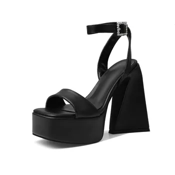 Hemegot, Новая женская обувь, Босоножки на высоком квадратном каблуке с ремешком на щиколотке, Платформа, Большой размер 34-43, однотонный черный Желтый, лаконичный дизайнерский