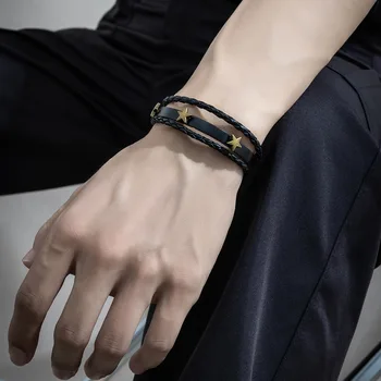 Мужской кожаный браслет с пентаграммой, модный мужской браслет в стиле ретро-панк.