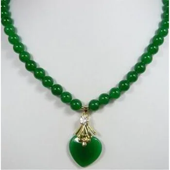 Ожерелье из зеленого натурального нефрита благороднейшей леди 8 мм, 17-дюймовая подвеска в виде сердца