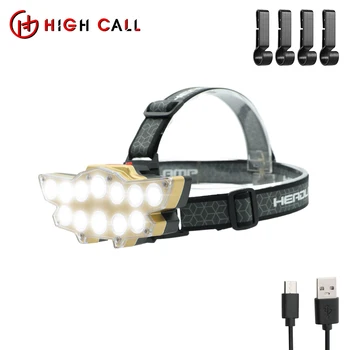 Светодиодный USB-налобный фонарь, мощный фонарик, перезаряжаемая батарея, Водонепроницаемый рабочий фонарь для охоты и рыбалки, головной фонарь для лагеря конвоя