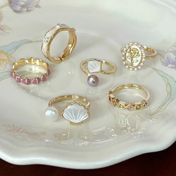 Kpop Винтажное кольцо с жемчугом и разноцветным цирконом для женщин, эстетические украшения из золотого металла, модные шикарные аксессуары для свадебной вечеринки