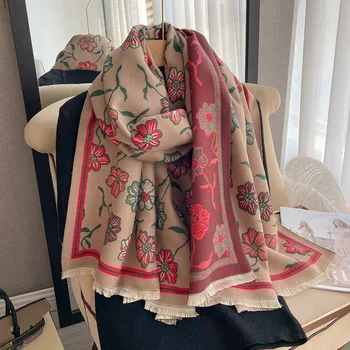 Модный зимний шарф 2023 года, Кашемировые шали и палантины, женские женские Теплые толстые шарфы из пашмины с цветочным принтом, одеяло для путешествий