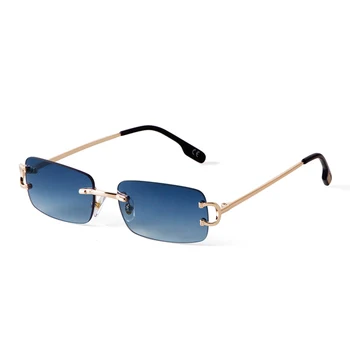 Синие прямоугольные солнцезащитные очки без оправы Для мужчин 2023, Фирменный дизайн, металлические Модные Квадратные солнцезащитные очки для женщин, градиентные линзы без оправы UV400