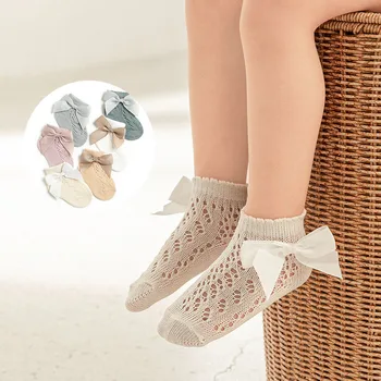 Новые детские тонкие хлопчатобумажные носки с вырезами, детские короткие носки с декоративным бантом, летние детские дышащие носки, милые детские носки