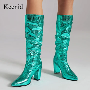 Kcenid, новые женские сапоги до колена с острым носком, осень-зима, модная плиссированная обувь для ночных клубов и вечеринок, женские длинные сапоги больших размеров.