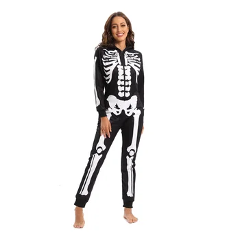 Черные комбинезоны со скелетом для женщин, костюм на Хэллоуин, комбинезон на молнии, Классная забавная пижама, праздничный костюм для взрослых.