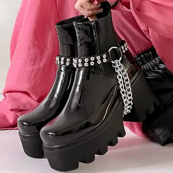 Зимние женские ботинки, высота до икр, высокий каблук, цепочка с круглым носком и эластичная лента, черные крутые туфли