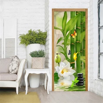 Дзен Камень, Зеленые бамбуковые наклейки на двери, обои, цветок, бабочка, листья, двери, фрески, растение для медитации, настенная роспись для домашнего декора стен