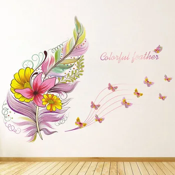 Романтические настенные наклейки в форме перьев с цветочным рисунком, водонепроницаемые украшения для дома из ПВХ для спальни, креативные наклейки на стену своими руками