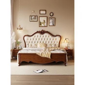 Кровать из массива дерева в американском стиле, Винтажная спальня в стиле Кантри, двуспальная кровать 1,8 м, мягкая сумка для постельного белья, кровать из орехового дерева с высоким ящиком для хранения
