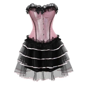 Розовое платье-корсет с атласной кружевной отделкой, сексуальные бюстье, топ и юбка-пачка, комплект Плюс размер S-6XL