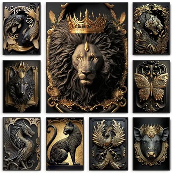 Элегантные настенные плакаты и принты с изображением Золотого льва и тигра, картины с изображением Золота дракона, печать на холсте, рисунки животных, декор комнаты