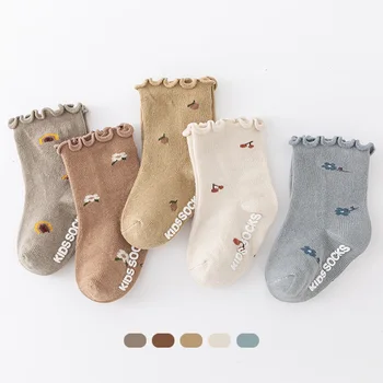 Детские носки с милым цветочным узором, осенне-весенние носки для новорожденных девочек, детские носки для девочек и мальчиков, мягкие носки в пол с оборками