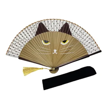 Модные тканевые вентиляторы с мультяшным котом, выступления в японском стиле, ручные вентиляторы, Популярный Прекрасный складной бамбуковый веер, подарок для свадебной вечеринки