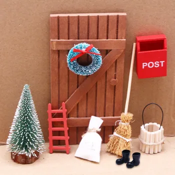 1: 12 Кукольный домик, Мини Деревянная дверь, Рождественский набор украшений для двора, Миниатюрная модель сцены, Игрушки для рукоделия