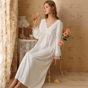 Сексуальная кружевная длинная однотонная ночная рубашка, весна-осень, милая хлопковая ночная рубашка, Сказочное женское ночное платье с V-образным вырезом, пижамы принцессы