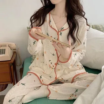 Осенне-зимний женский пижамный комплект, пижамы с длинными рукавами и цветочным принтом, Ins, Женская одежда для сна, Женская пижама, одежда для отдыха для девочек