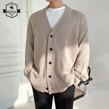 Корейская версия Однотонного вязаного пальто с V-образным вырезом, Мужская мода Harajuku, Простой однобортный свитер, Мужской Повседневный свитер, кардиган